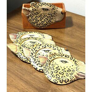 Vtg Leopard Head Animal Wooden Coaster Set of 4 With Box Large 5 1/2” Indonesia